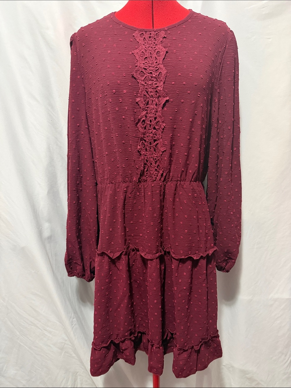 Long-Sleeve Burgundy Tiered Lace-Trim Dress